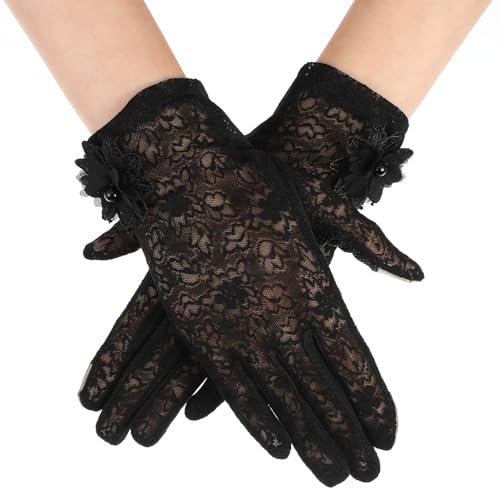 Wanmu Kurze Blumen Spitze Handschuhe, Touchscreen Spitzenhandschuhe, UV Schutz Sommerhandschuhe Bekleidungs Zubehör für Damen, Hochzeit, Opernessen, Party, Abschlussball (Schwarz)