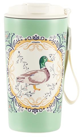 Animal Print Insulated Travel Mug 500ml, Ceramic‑Lined Stainless Steel Coffee Cup, Leakproof Lid with Sip Spout & Straw, Anti‑Slip Base, Carry Lanyard, Hot Cold Reusable Cup,Duck