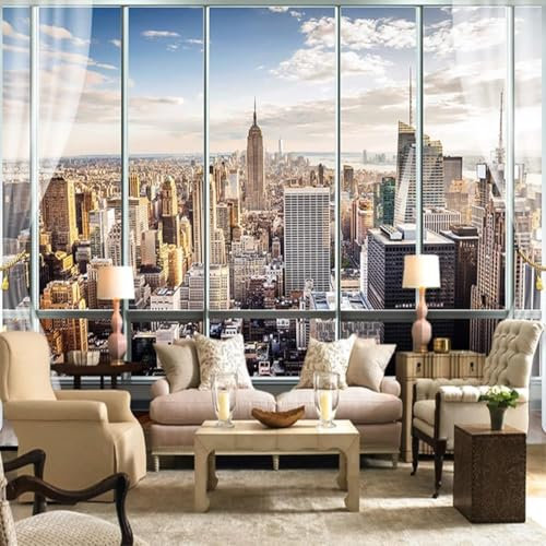 XLMING Große Fenster Vorhänge Stadtarchitektur 3D Tapete Dekorative Seidenoptik Speisesaal Arbeitszimmer Wohnzimmer Schlafzimmer Sofa TV Wand-250cm×170cm