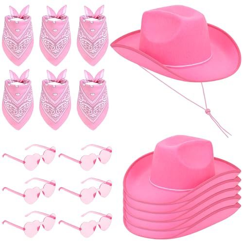 18 Ensemble de chapeaux de cowboy western comprenant 6 chapeaux, 6 bandanas à motifs cachemire et 6 paires de lunettes en forme de cœur. Idéal pour les fêtes costumées (hommes et femmes) et le cosplay