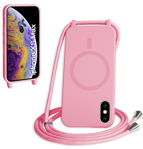 FMPCUON Crossbody Lanyard Case for iPhone XS Max,Wireless Charging Shell with Adjustable Neck Cord Lanyard Strap Stylish Shockproof Silicone,Pink