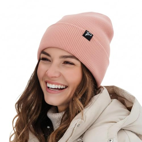 TOP-EX wasserdichte Wintermütze Herren & Damen, Warme Fleece-gefütterte Strickmütze Beanie, Regenschutz Lauf- & Skimütze, Atmungsaktive Winddichter, Herrenmütze Rosa S/M
