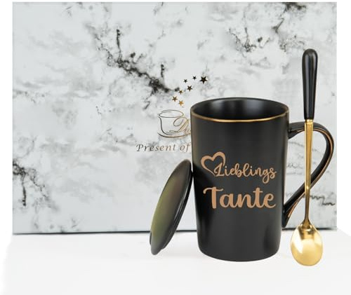 Verdaxis Geschenke für Tante, Geschenke Weihnachts Tasse mit Spruch Lieblings Tante, Geschenk für Beste Tantchen zum Geburtstag Weihnachten Muttertag,400ml Keramikbecher mit Deckel und Löffel Schwarz