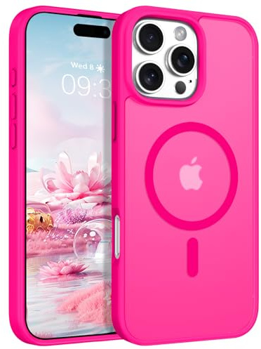 ROUMAYMAY Cover per iPhone 16 Pro Max, magnetica forte [compatibile con MagSafe] opaca liscia traslucida protezione di qualità sottile Mate Cover per telefono magnetica per iPhone 16 Pro Max Rosa Fluo