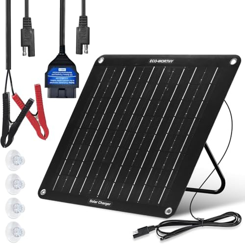ECO-WORTHY 12V 10W Solar Battery Charger OBD2 Trickle Panel Maintainer | OBD2 plug,alligator clips,portable stand & suction cups. Waterproof. For cars, motorcycles, motorhomes, trailers, snowmobiles