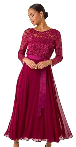 Roman Petite Lace Contrast Bodice Dress for Women UK - Ladies Everyday Autumn Winter Round Neckline Comfy Soft Evening Vacation Work Party Night Out - Petite Wine - Size 14