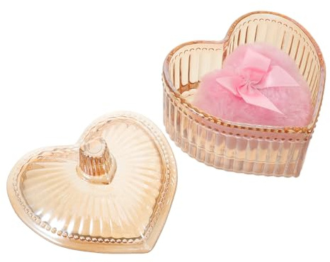 Healvian Pot de Poudre Visage avec Houppette Réutilisable de Cœur, Étui en Verre Doré 1 Pièce, Boîte de Rangement Hygiénique pour Maquillage Sec et Humide, Accessoire Beauté Voyage