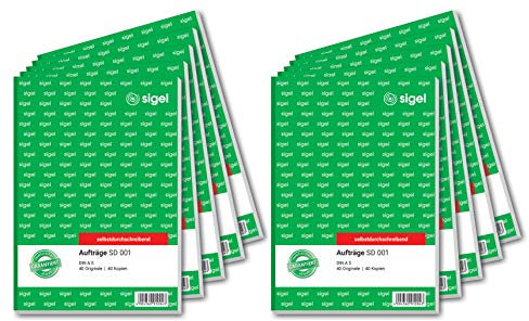 SIGEL SD001/10 Auftragsbuch A5, 2x40 Blatt, selbstdurchschreibend, 10er Pack, mikroperforiert, mit Abheftlochung, aus nachhaltigem Papier