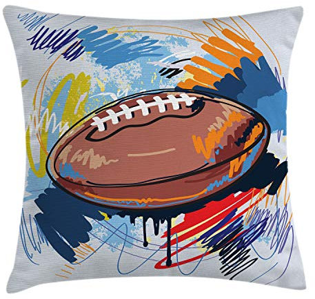 ABAKUHAUS Bunt Kissenbezug, Rugby-Ball-Gekritzel-Kunst, Dekorative Kopfkissenhülle mit Beidseitigem Druck Reißverschluß Waschbar, 40 x 40 cm, Braun Blau