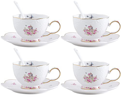 YBK Tech Keramiktasse und Untertasse, 200 ml, rosa Rosen