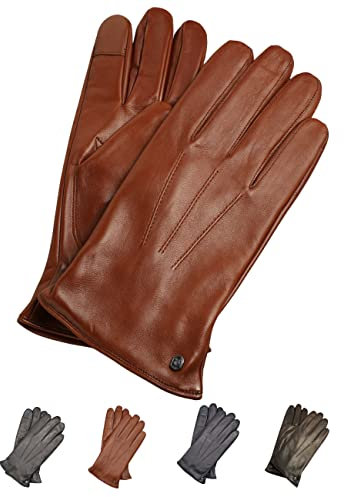 AKAROA ESTD 2019 Lederhandschuhe Herren MAX, Touchscreen Funktion, italienisches Leder, recyceltes Strickfutter aus 50% Kaschmir und 50% Wolle, 5 Größen S - XXL, cognac, XL-10