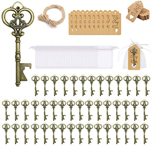 ASANMU Gastgeschenke Hochzeit für Gäste, 50 Stück Flaschenöffner Hochzeit + Organza Beutel + Kraftpapier + Natürlicher Jute für Babyfeier Tischdeko Partygäste Bankett Dankeschön Geschenke Kollegen