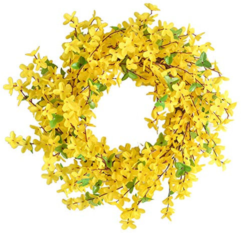 Door Wreath, Artificial Flowers Wreath - Four Seasons Front Door Decor with Winter Jasmine and Green Leaves, for Front Door Living Room Wall Garden Wedding Festival Decor(40cm, Yellow)