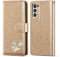 QLTYPRI Hülle für Samsung Galaxy S21 5G, Glitzer Leder Handyhülle Handschlaufe Kartenfach Ständer mit Eingelegten Liebe Herz Diamond Flip Schutzhülle für Samsung Galaxy S21 5G - Gold