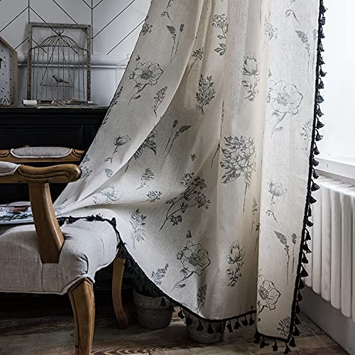 Boho-Vorhänge, Bauernhaus, Wohnzimmer, Halb-Verdunkelungsvorhänge, 214 cm Länge, Vintage-Blumenmuster, Quaste, Fenstervorhang, Paneel, Schlafzimmer, schwarz und weiß, Fensterbehandlung, 1 Stück