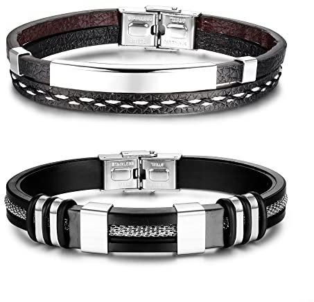 Adramata 2Pcs Armband Herren Personalisiert Lederarmband Herren Armband Silikon Schwarz Edelstahl Verstellbar Armreif Manschette Armband Herren Schmuck Geschenk