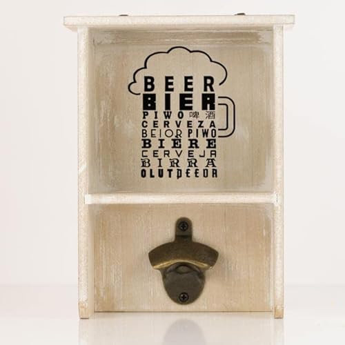 Castell Deco - Collecteur de bouchons de bière, capsules de bouteille avec ouvre-bouteille, ouvre-bouteille, rangement de couvercles Rustico fabriqué en bois véritable.