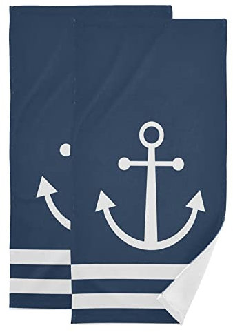 Nautische Handtücher für Badezimmer, weiße Streifen, Anker, tropischer Ozean, marineblau, Badetücher, 40.6x71.1 cm, weiches, saugfähiges Badezimmer, Geschirrtuch, 2er-Set