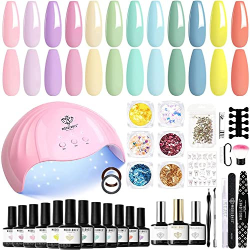 modelones Gel Nail Kit - 12 Colors Pink Gel Nail Polish Set with Lamp Starter Kit, 48W Nail Lamp Gloss Matte Top Coat Base Coat, ALL-IN-ONE Gel Nail Starter Kit