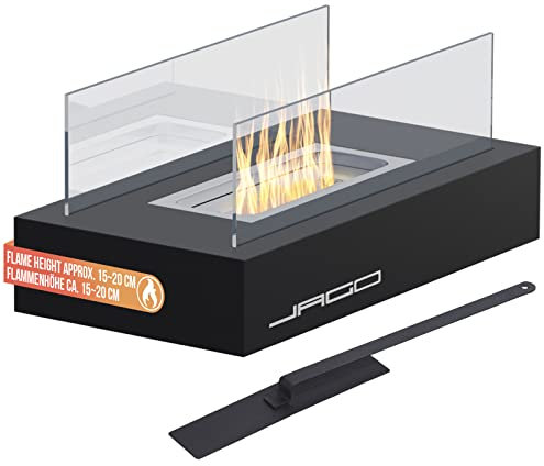 Jago® Tischkamin - Edelstahl, Bio-Ethanol, für den Innen- und Außenbereich, inkl. Steine, Schwarz - Feuerstelle, Glaskamin, Glasfeuer, Tischfeuer, Tisch-Dekofeuer (Modell 3 (35 x18 x 15 cm))