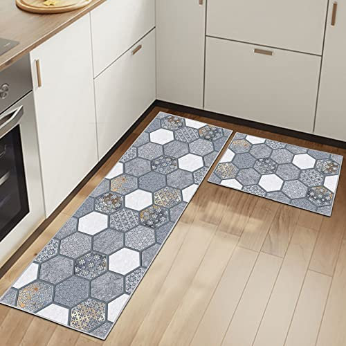Küchenteppiche Rutschfestes Küchenmatten 2 Stück, Waschbar Küche Bodenmatte Küchenmatten Set Mit Schiebeaufkleber,Komfort Pflegeleicht Für Küche Staubdicht Fußmatte (Geometrisch B, 43x75+43x150cm)