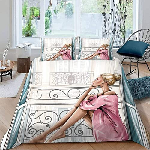 Blonde Frau Bettwäsche 135x200 cm 2 teilig Schöne Fensterbank 3D Druck Bettbezug mit Reißverschluss Für Kinder Zimmer Dekor Jungen Mädchen Bettwäsche Set mit Kissenbezüge 80×80 cm