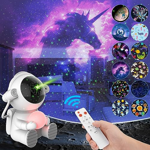 Astronaut Sternenhimmel Projektor Kinder, Led Weltraum Nachthimmel Lichtprojektor Lampe Stimmungslicht mit 12 Projektion & Fernbedienung Timer, Nachtlicht Sternenhimmel Deko, Geschenk für Kinder