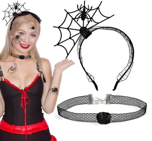 Halloween Bandeau Araignée Serre-tête Oreilles de Souris avec Gothique Chokers Noir Bandeau Citrouille Crâne pour Enfants Adultes Fête Soirée Party