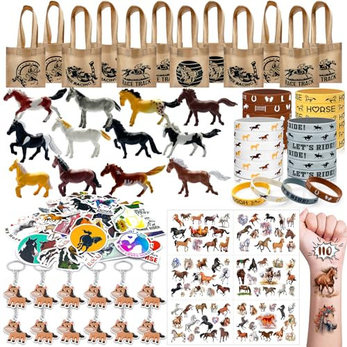 Moltby 110Pcs Horse Pferde Mitgebsel Kindergeburtstag - West Cowboy Pferde Deko mit Gastgeschenke Tüten Figuren Armbänder Schlüsselanhänger Aufkleber Tattoos