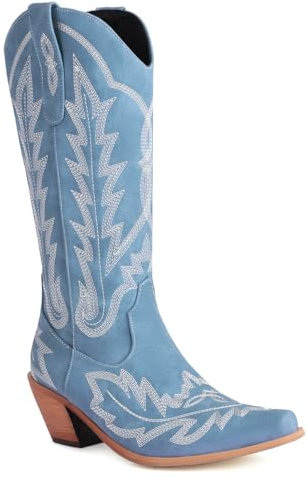 Donne Western Stivali da cowboy with Embroidered Moda Retrò Classico Tall Boot Pull On per donne Ragazze Le signore Blu Numero 46