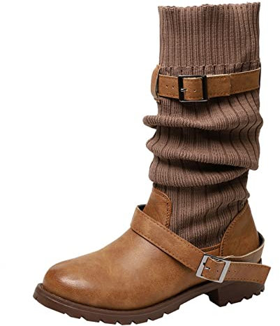 IQYU Stivali occidentali con tacco plateau,Stivali alti in pelle retrò coscia,Stivali invernali senza lacci,Punta rotonda tacco quadrato Mid Calf Stivali,Scarpe calde a maglia, marrone, 40 EU