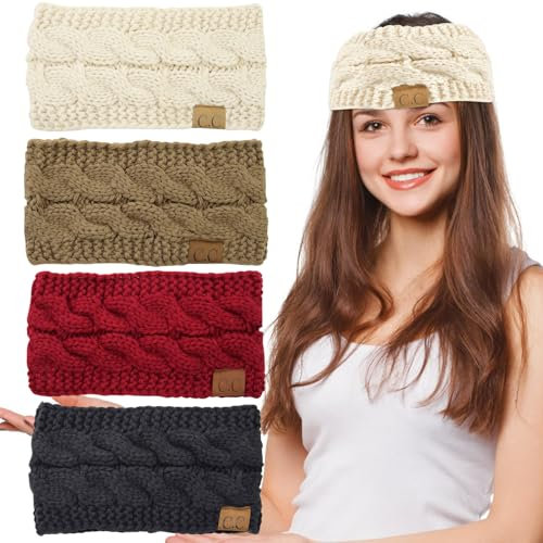 4 Stirnband Damen Winter,Stirnband Damen,Winter Gestrickte Stirnband Damen,Haarreifen Mädchen Geknotet Gestrickt Stirnbänder Verdicken Frauen Haarbänder Häkelarbeit Elastische Plüsch Sport Skifahren