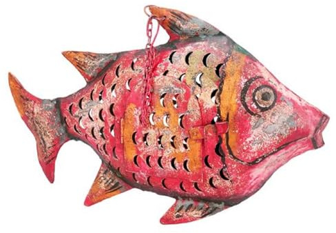 dekorative ausgefallene Metallfigur als Fisch in Shabby grün oder Shabby rot oder Shabby bunt als Windlicht zum Stellen und hängen in verschiedenen Größen (rot)