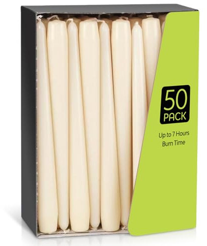 Tapered Dinner Candles Non Drip Table Candlestick Unscented Ivory 7 Hour Burn Time 50 Pack Long Candles