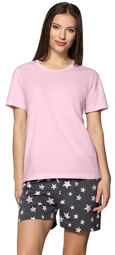 Merry Style Damen Schlafanzug Zweiteiler Pyjama Kurz aus Baumwolle Pyjama Set MS10-177 (Graphite Sterne/Rosa, XL)