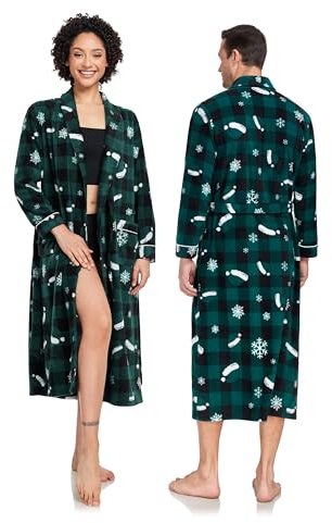 COLORFULLEAF Weihnachts Bademantel für Paare, Flanell Fleece Morgenmantel mit Taschen&Gürtel, Winter Warme Lange Sauna Schlafanzug(Green Plaid Pattern,Damen,L)