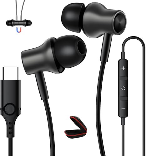 USB C Headphones for Samsung A16 A55 A56 A36 S25 S24 S23 S22 S21 Wired Earbuds Type C Earphones Magnetic Noise Canceling in-Ear Headset with Mic for iPhone 16e 15 Pixel 9 8 for OnePlus 13 Mi 14T Gray