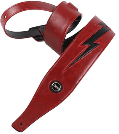 BORGBAR Gitarrengurt aus Leder, rutschfest, klassisch, verstellbar, weicher Ledergurt für Akustik-, E- und Bassgitarren, Rot - Schwarz Lightning, Standard
