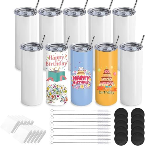 MALLOOM Lot de 10 gobelets à sublimation blanks 20 OZ droits en acier inoxydable avec paille en métal pour tasse presse à chaud Blanc 600ml, Emballé Individuellement