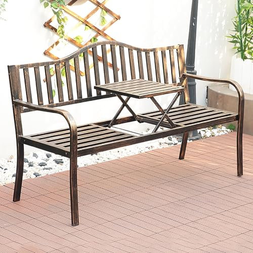 Gtzly Gartenbank, Terrassenbank mit Ausziehbarem Kaffee-/Teetisch in der Mitte, Integrierter Verstellbarer Mitteltisch, MetallmöBel for 2–3 Personen, mit Klapptisch(Brown)