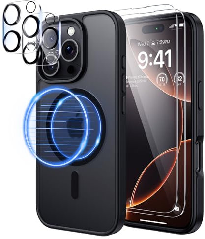 seacosmo 5 in 1 Magnetic for iPhone 16 Pro Case with 2X HD Screen Protector + 2X Camera Lens Protector, [15 FT Grade Protection] Shockproof Phone Cover for iPhone 16 Pro 6.3 Inch, Matte Black