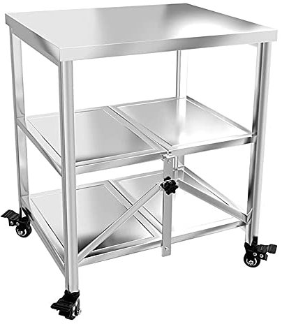 Foldable Mobile 304 Stainless Steel Kitchen Shelf, Foldable Meal Preparation Table Service Trolley, Three-Layer Shelf Practical Trolley Microwave Oven Rack,55 * 30 * 80cm