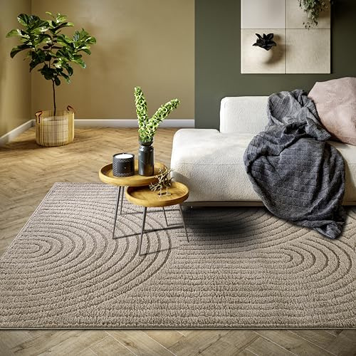 Elle Decoration Panglao moderner Hochflor Teppich - Wohnzimmerteppich Flauschig – Hoch-Tief Effekt Skandi Boho Geometrisch Wellen, Bogen - für Wohnzimmer, Schlafzimmer, Küche - Taupe, 160x235cm