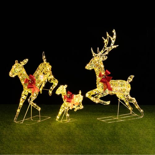 BAKAJI Familie 3 Rentiere Lichter Weihnachten Warmweiß für Außen Hirsche Weihnachtsmann LED Dekoration 3D Dekoration Rentier Außentür Garten Terrasse IP44