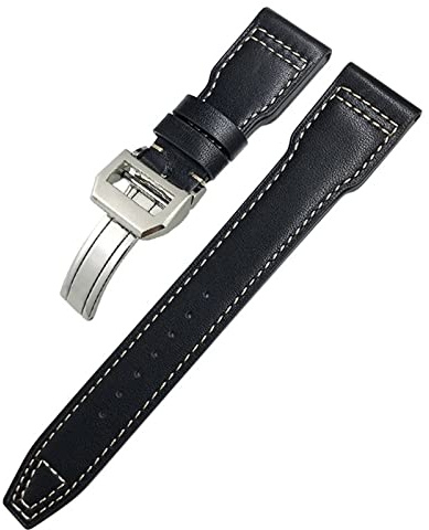 FZXCG 21 mm echtes Lederarmband für IWC Big Pilot Watch Mark 18 Spitfire Hamilton Rindsleder weiches Uhrenarmband(Black White 1,Without Buckle)