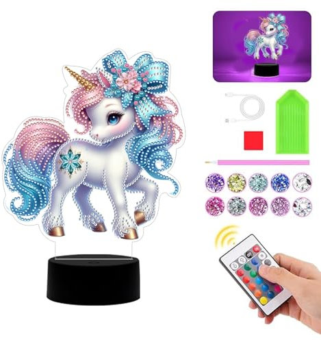 Demiawaking Diamond Painting Nachtlicht Tischdeko Tiere, Diamant Malerei Nachttischlampe Tischlampe LED Deko Set, DIY 5D Diamant Painting Lampe für Kinder Geburtstag Geschenke (Einhorn 03)