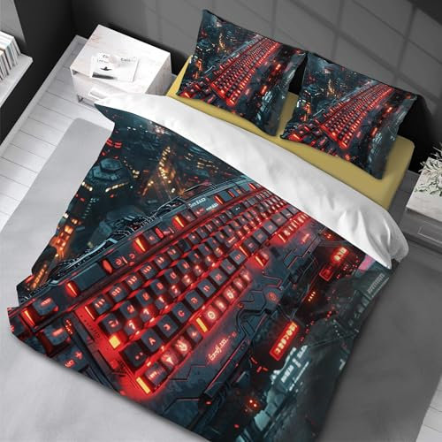 ZXBNNN Keyboard Queen Bettbezug Gamepad-Muster Bettwäscheset 3-teilig, Jungen Mädchen Heimzimmerdeko mit Kissenbezügen Weiche Mikrofaser 170x210cm*1/80x80cm*2