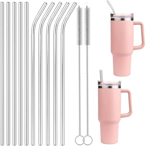 Sebudion 12er Metall Strohhalm set für Stanley 40 oz Adventure Travel Mug, 304 Edelstahlstrohhalme, 10 wiederverwendbare Strohhalme, 2 Reinigungsbürste, 30cm