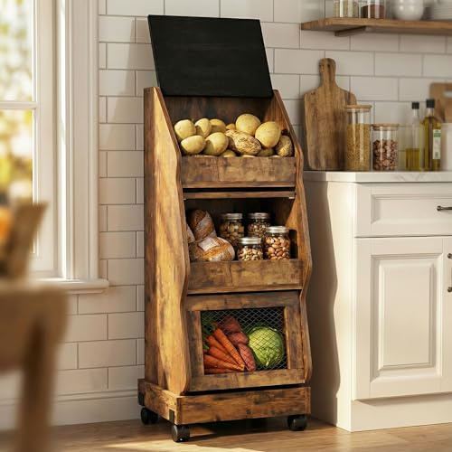 ARTETHYS Potato and Onion Storage Bin Rustic Movable Bread Box with Wheels | Rustic Produce Organizer with Grocery Section and Ventilation Mesh, Vegetable & fruit Container Cabinet for Kitchen, Pantry