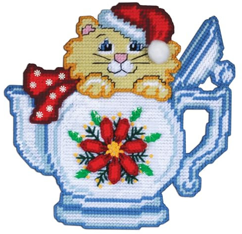 Design Works Crafts Poinsettia Teapot Cat Plastic Canvas Wall Décor Kit